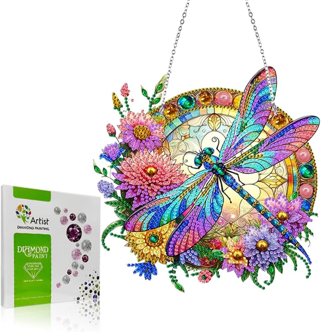 Diamond Painting Kits Hanging Pendant, Special Shaped Crystal DIY Flowers Dragonfly Diamond Art Hanging Sign Double-Sided Pattern Window Pendant Ornament for Home Decoration and Gift